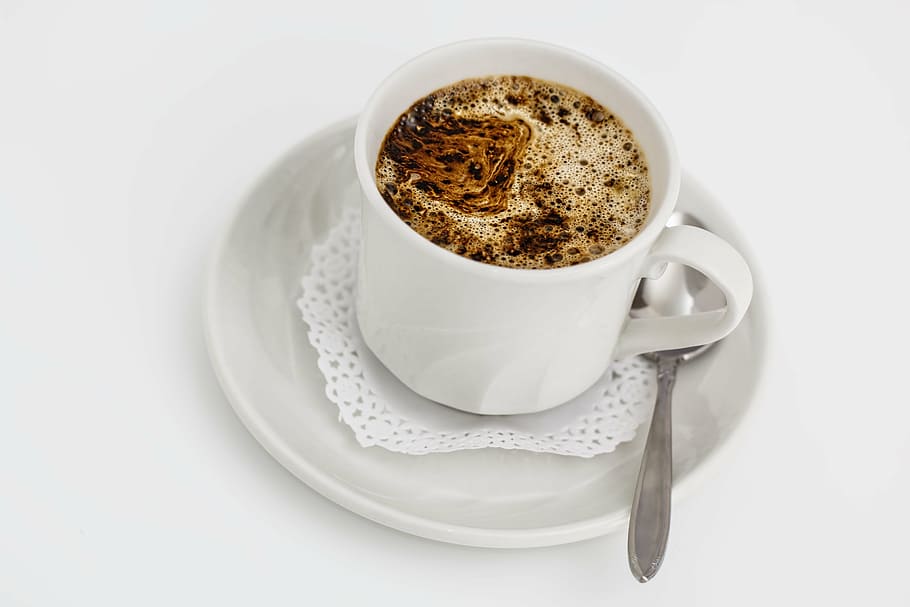 白, セラミック, コーヒーカップ, ソーサー, 表面, 一杯のコーヒー, コーヒーブレーク, コーヒー, カップ, カフェ