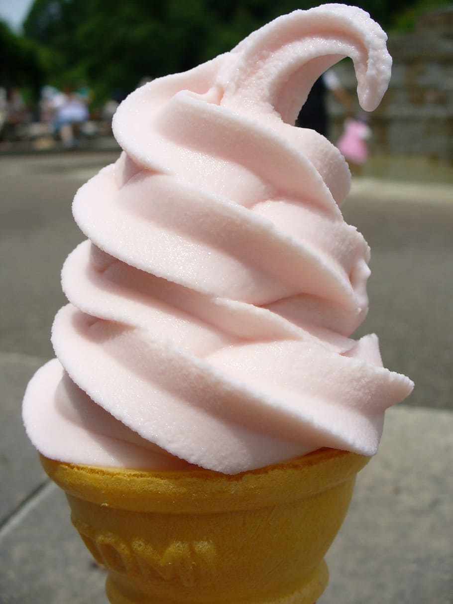 pink, ice cream, brown, cone, soft ice cream cone, vanilla, snack, sweet, dessert, cold