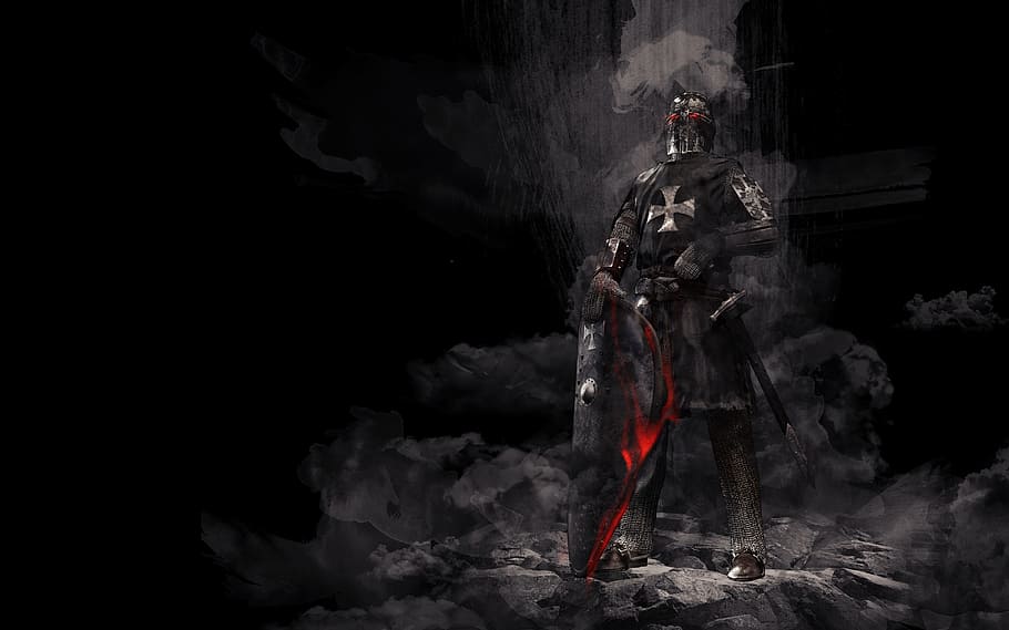 ilustração de cavaleiro guerreiro, cavaleiro, idade média, armadura, cruzado, fundo de cavaleiros templários, escudo, espada, guerreiro, mal