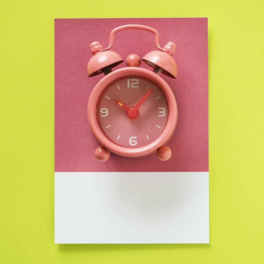 pink, bell alarm clock reading, 10:07, alarm, appointment, arrow, background, clock, colorful, countdown