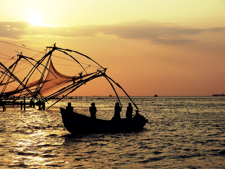 ボート, 日没, インド, 夕方の空, 太陽, 夕暮れ, abendstimmung, ブーツ, 漁網, フィッシャー