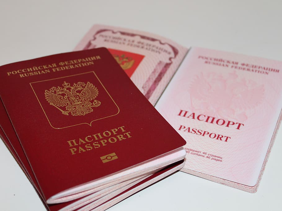 rusia, paspor, dokumen, emigrasi dan Imigrasi, perjalanan, teks, di dalam ruangan, tidak ada orang, close-up, bisnis