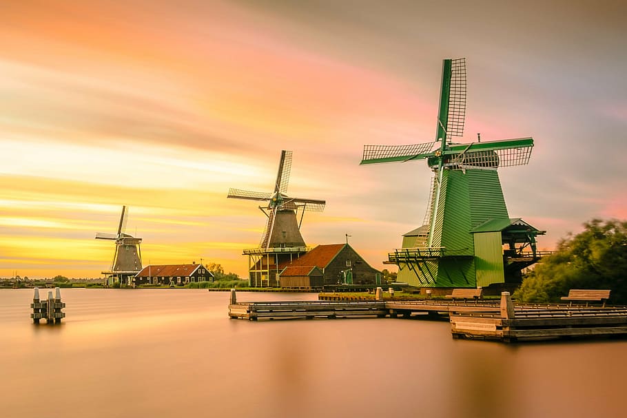 green, windmill, body, water, sunset, architecture, bridge, building, dawn, dusk