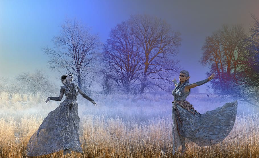 female, dance, woman, sport, graceful, mystical women, forest, sky, fog, trees