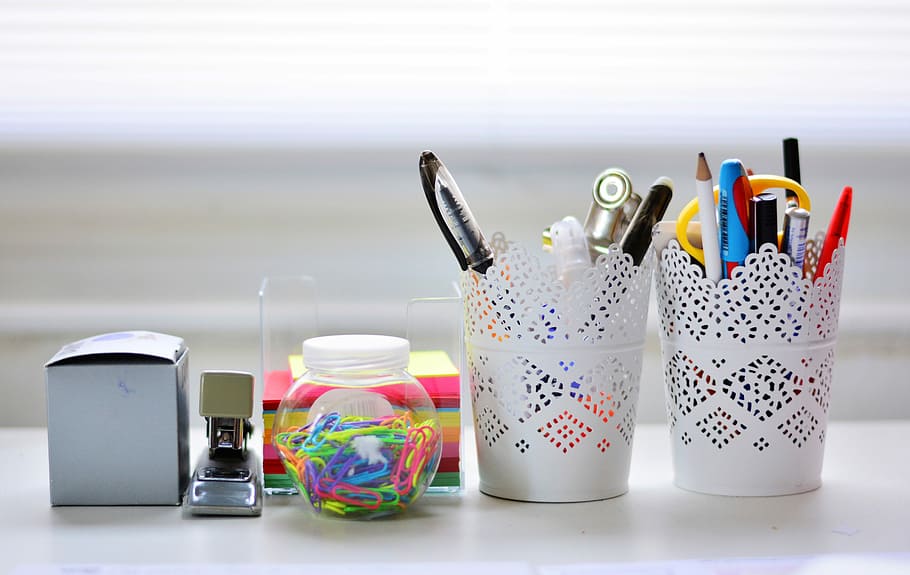 pens, pencils, scissors, inside, pen rack, paper clips, jar, sticky, notes, stapler