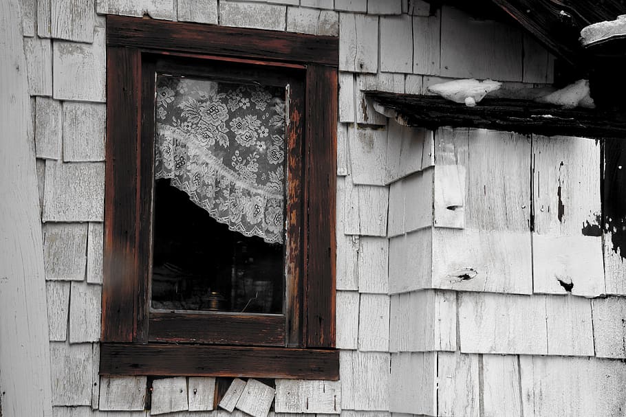 wooden window, building, old, wood, lace curtain, shingles, architecture, house, home, window