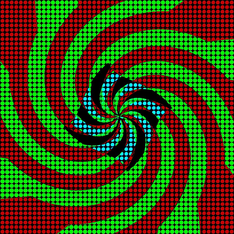 pop art, meme, dotted effect, embossed effect, edited, pattern, green color, spiral, close-up, technology
