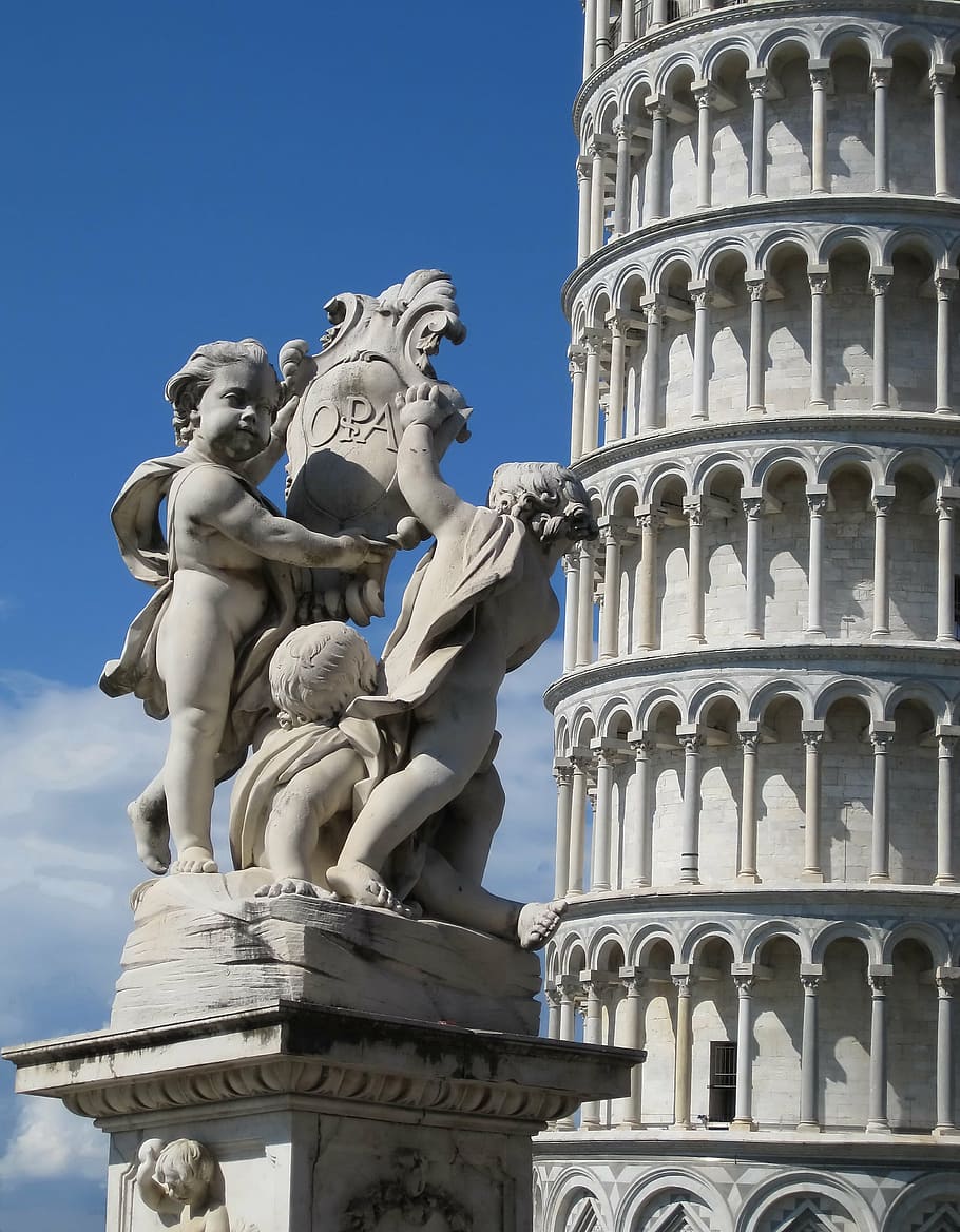 inclinando-se, torre, pisa, torre inclinada, vovô, toscana, estátua, escultura, itália, marco
