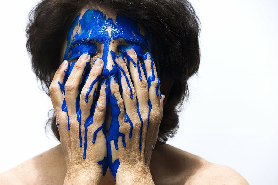 person, make, face, blue, paint, color, painting, woman, white background, one person