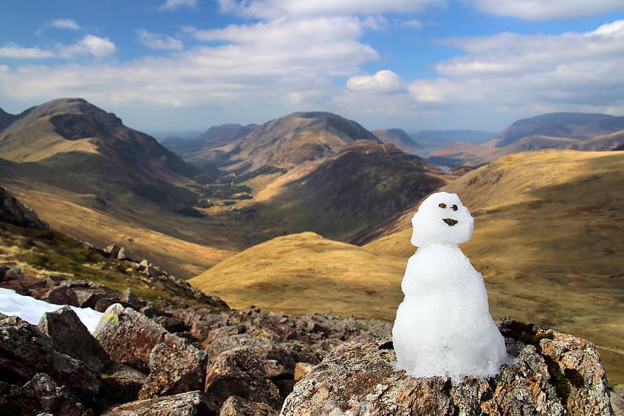 snowman, mountains, snow, mountain, landscape, lake district, cumbria, england, uk, great britain