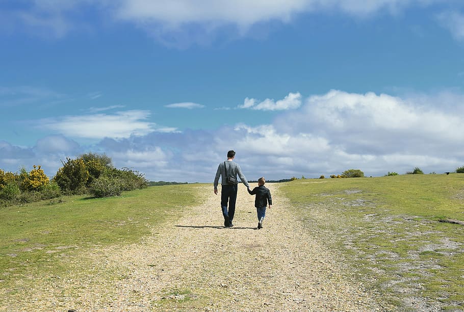 man, holding, children, walking, green, grass field, family, father and son, sunny, footpath