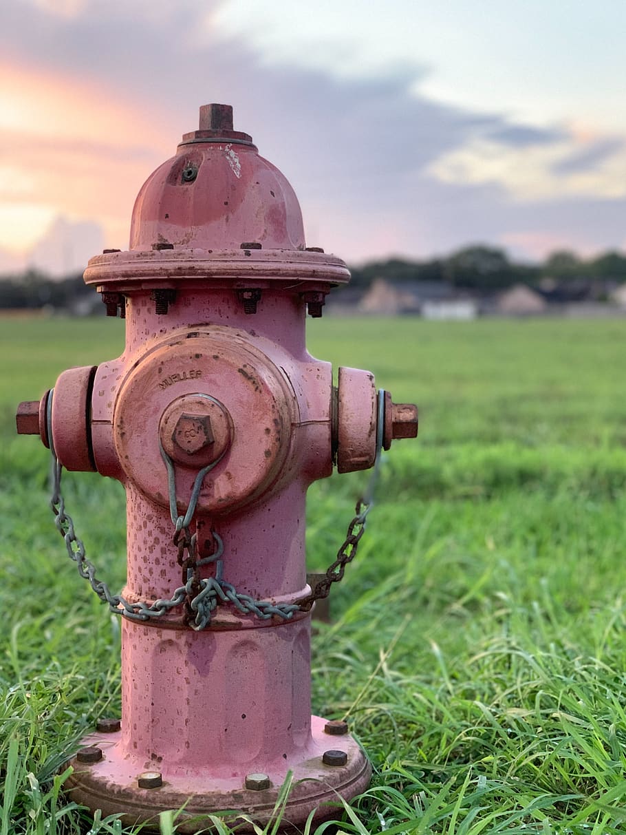 hydrant, fire, sunset, grass, field, metal, plant, land, sky, nature