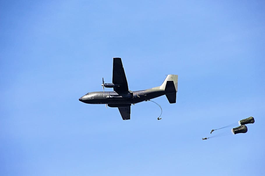 parachutist, parachutes, skydiving, sky, float, blue, military, bundeswehr, jumping exercise, aircraft