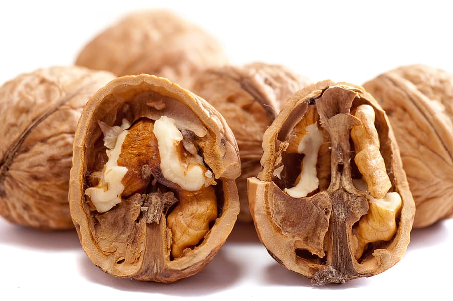 walnuts, nuts, brown, close-up, cracked, cut out, dry, extreme close-up, food, food and drink