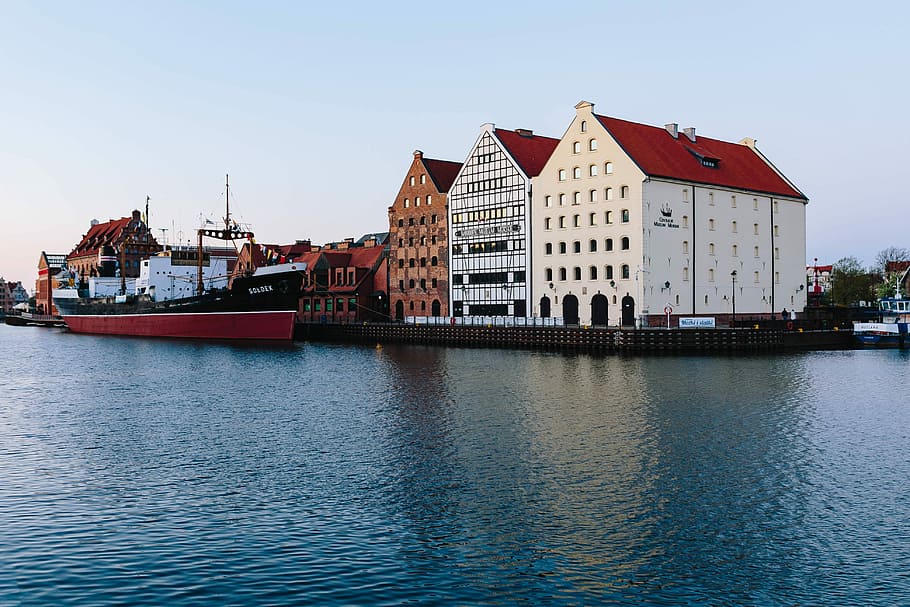 Foto, Gdansk, Polandia, arsitektur, kota tua, rumah petak, kapal bahari, rumah, air, pelabuhan