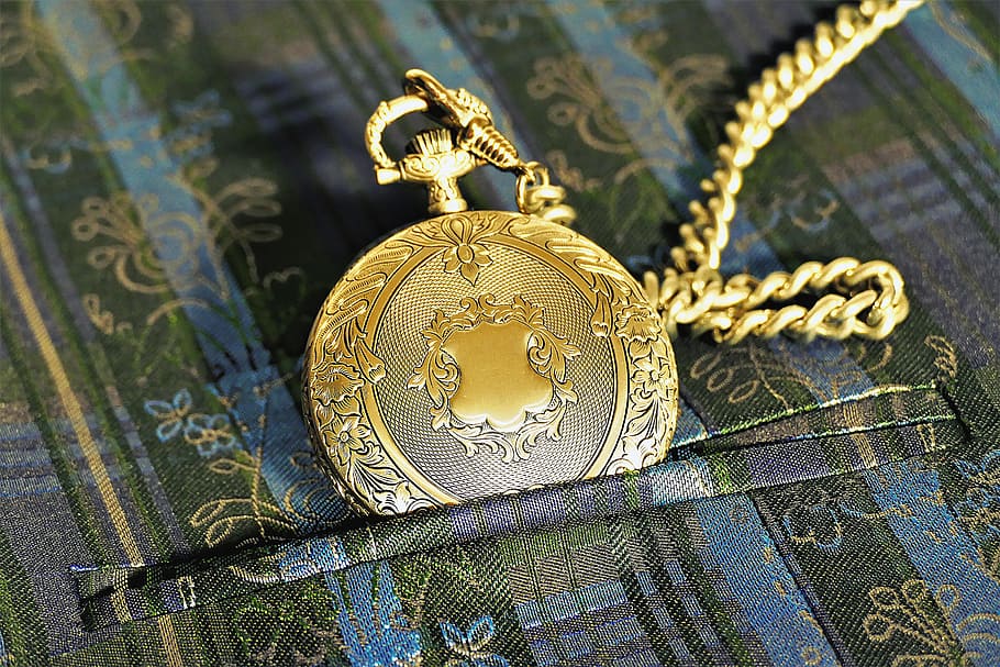 round gold-colored pocket, watch, pocket watch, golden, ornament, shiny, close, metal, gold colored, close-up