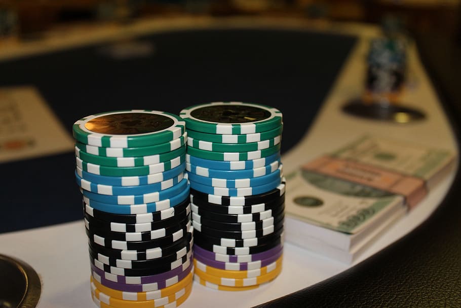 two, piles, poker chips, poker table, poker, casino, card game, no limit holdem, gambling, indoors