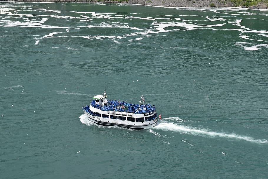 maid of the mist, niagara falls state park, waterfall, 7 wonders, nautical vessel, water, sea, high angle view, transportation, mode of transportation