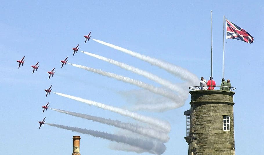 england, great britain, planes, fighters, jets, sky, clouds, castle, tower, people