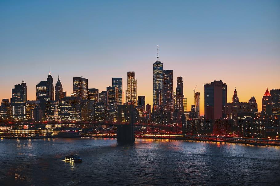 panorámica, aérea, fotografía, puente de Brooklyn, nuevo, ciudad de york, horizonte, dorado, hora, arquitectura