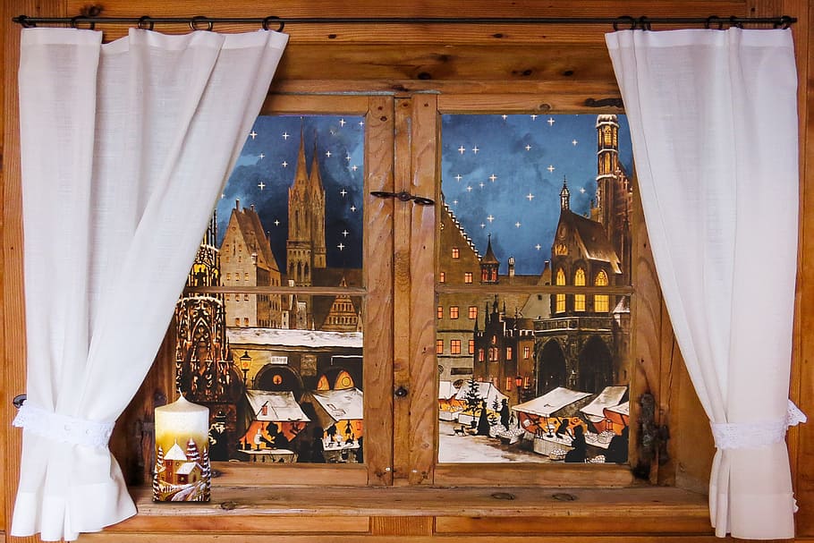 brown, wooden, window, white, curtains, christmas, christmas picture, christmas spirit, christmas market, outlook