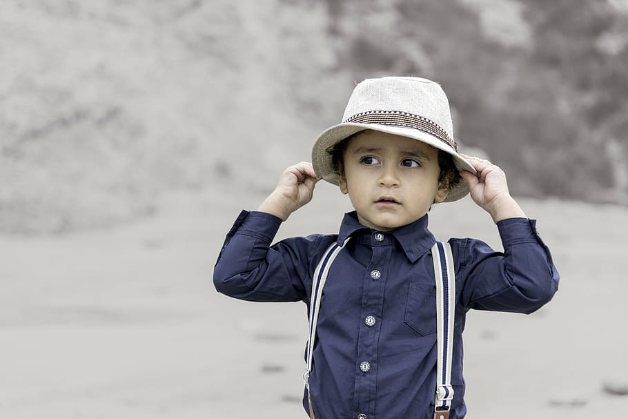 boy, wearing, beige, brown, fedora hat, kid, retro, child, happy, design