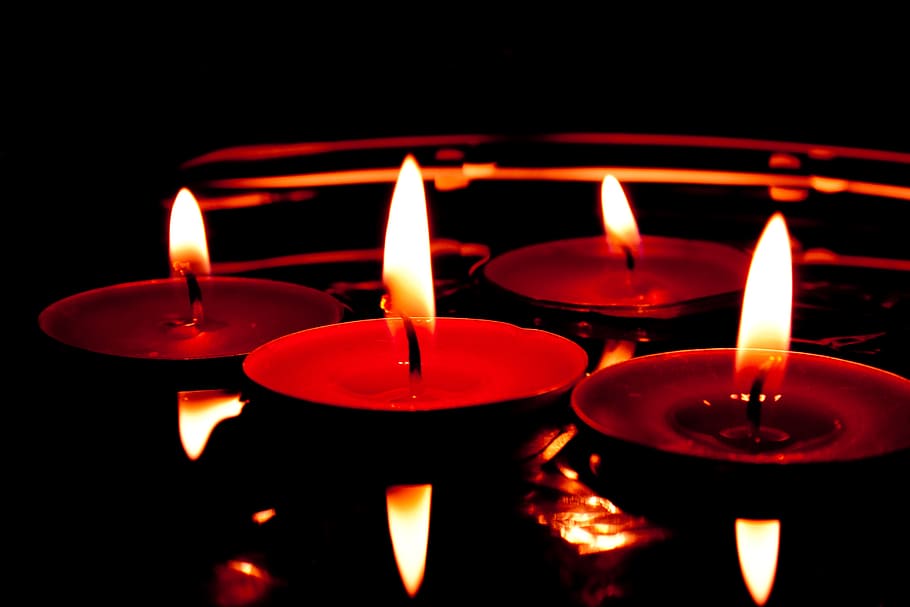 candles, light, flame, candlelight, burn, tea lights, dark, mirroring, red, wave