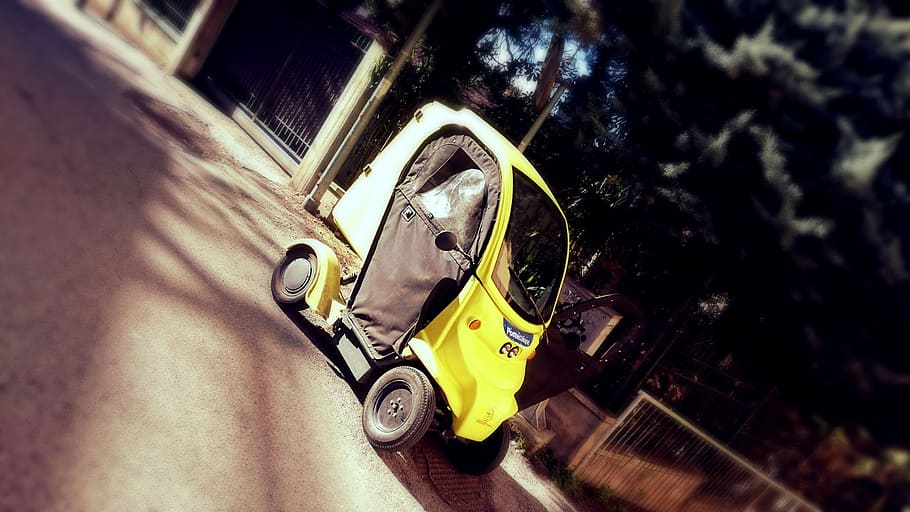 post, electric-car, yellow, postal veichule, italy, perugia, mode of transportation, transportation, land vehicle, car