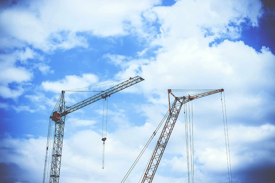 blue, sky, clouds, crane, construction, cloud - sky, machinery, crane - construction machinery, construction industry, development