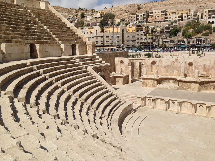 brown concrete colosseum, amphitheater, ruin, jordan, roman, ancient, architecture, built structure, history, the past