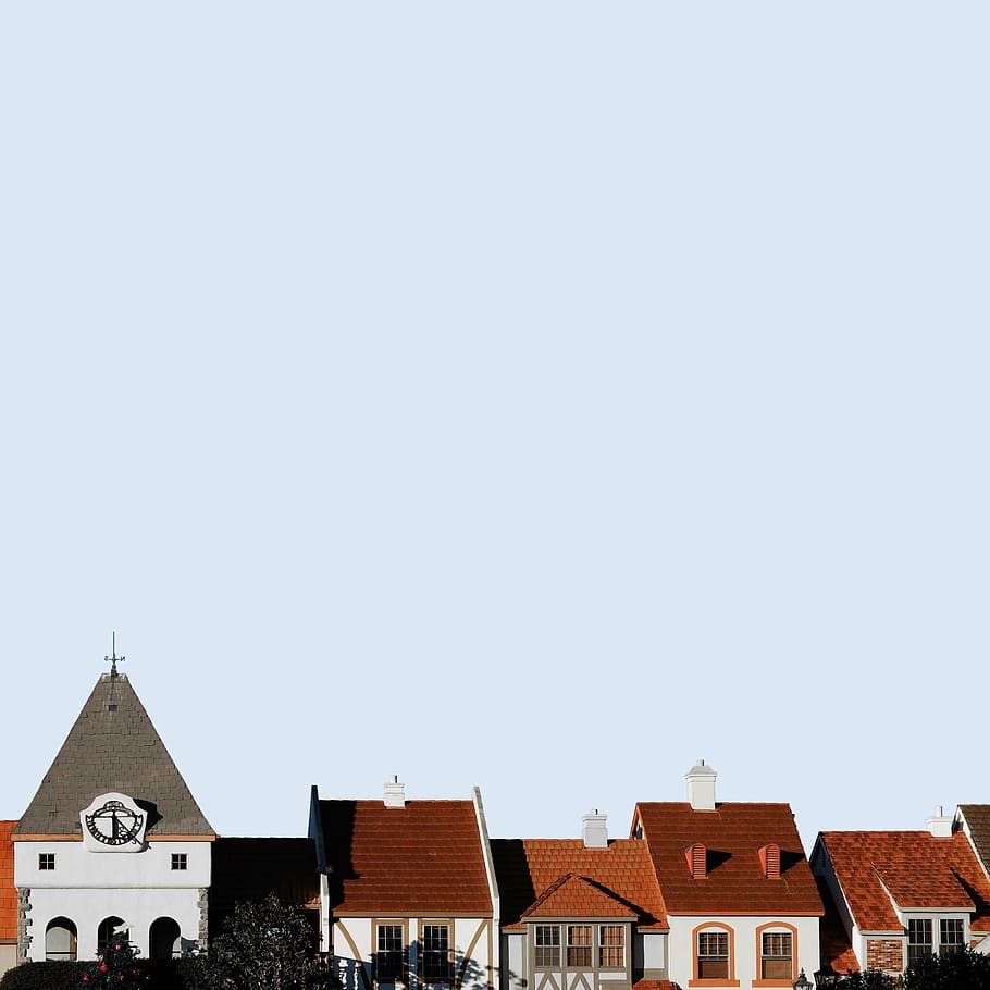 brown, white, houses, blue, cloudy, sky, architecture, building, infrastructure, church