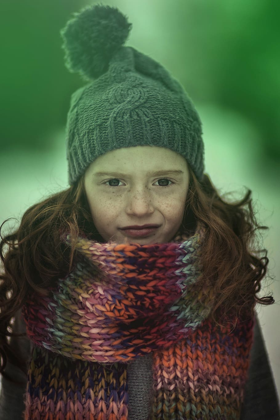 selective, focus photo, girl, wearing, scarf, bobble cap, child, portrait, winter, brown