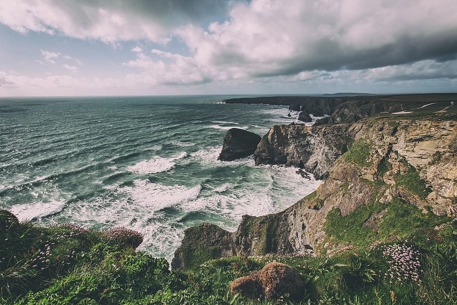 landscape shot, taken, top, cliffs, Landscape, shot, from the top, Cornwall, England, nature