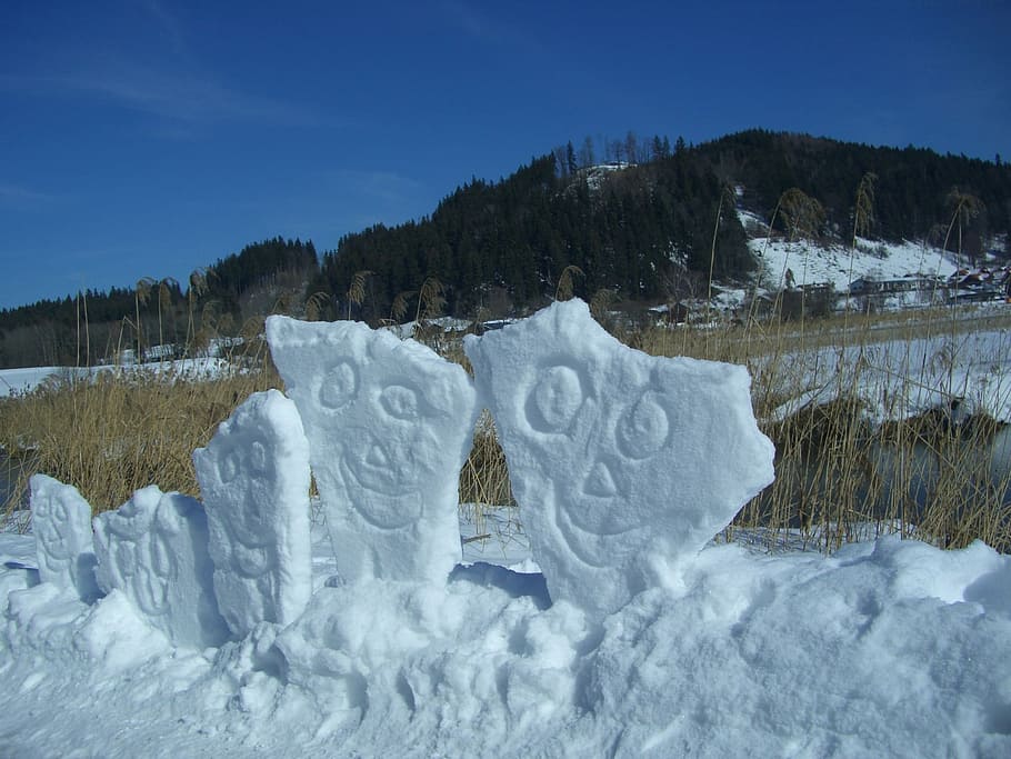 Faces, Smilies, snow art, snow, winter, cold temperature, nature, ice, environment, beauty in nature