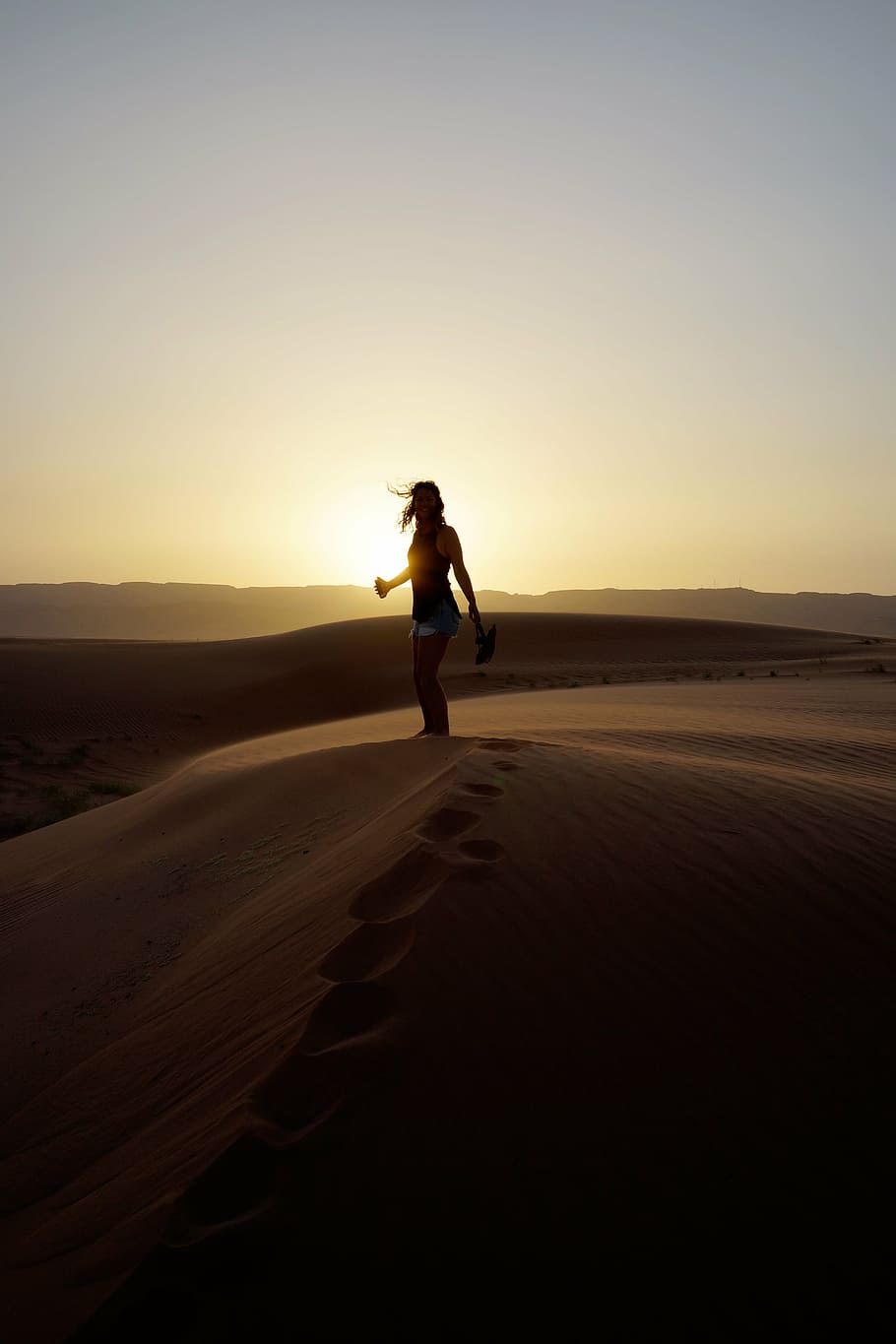 silhouette photo, woman, standing, sand dune, silhouette, person, desert, sunrise, girl, lady