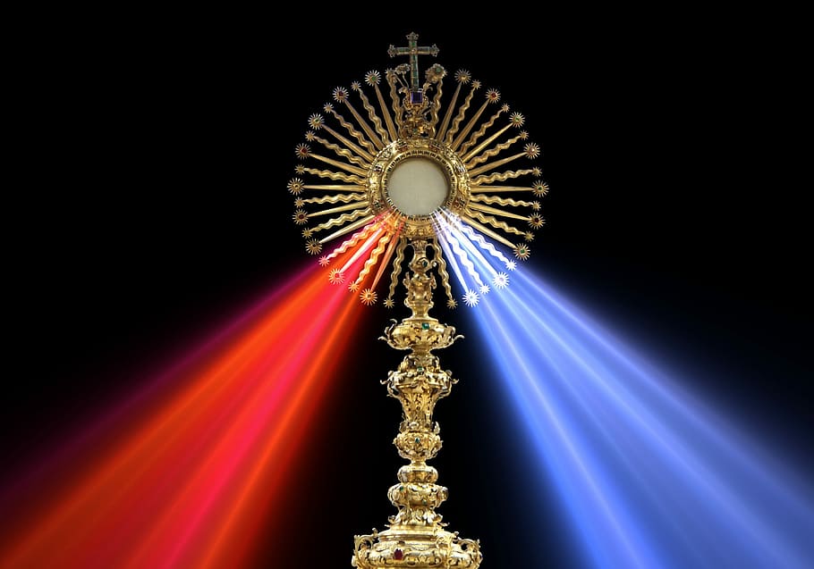 gold-colored, cross, decor, red, blue, lights, eucharist, divine mercy, monstrance, host