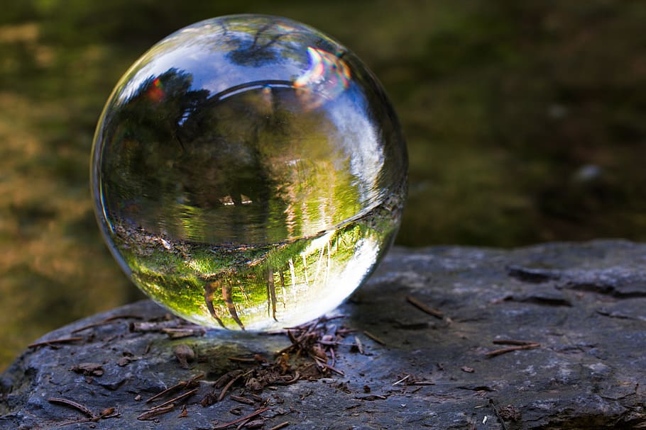 clear, glass ball, rock formation, nature, waters, reflection, environment, wet, spherical, ball