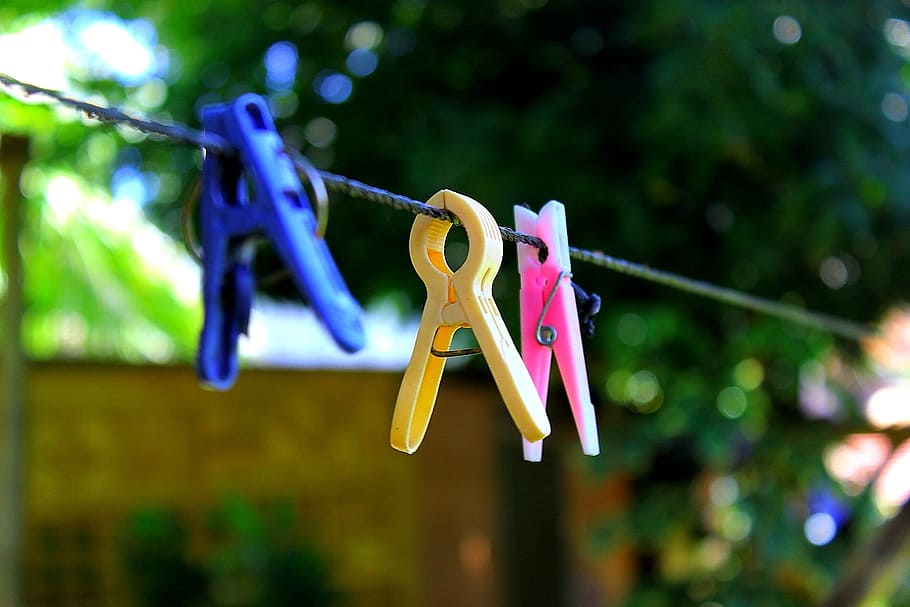 three, assorted-color clips, hanger, clip, inspirational, idea, creative, creativity, clothesline, clothespin