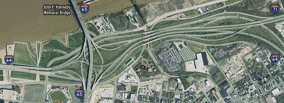 overhead, view, Overhead view, Kennedy Interchange, Louisville, Kentucky, aerial view, foto, jalan raya, domain publik