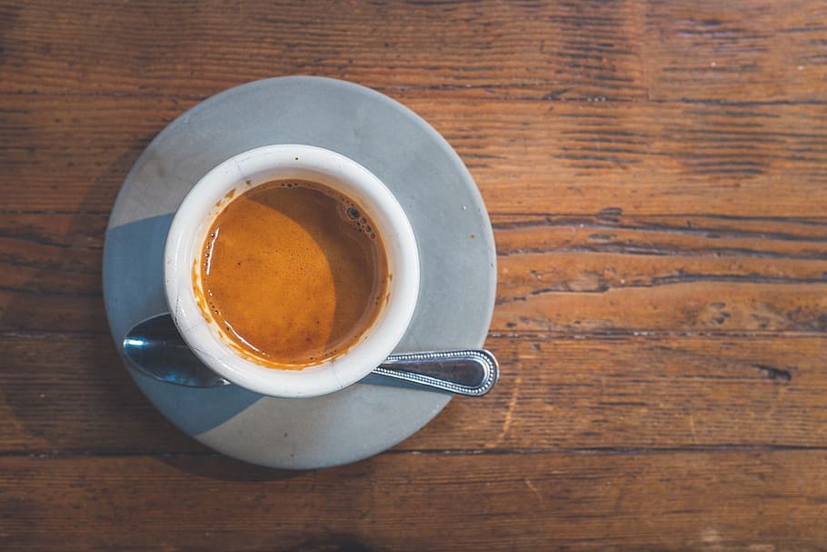ceramic, cup, coffee, gray, stainless, steel spoon, espresso, short, mug, drink