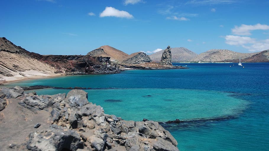 gray, hills, next, calm, body, water, daytime, Galapagos, Island, Ecuador, galapagos