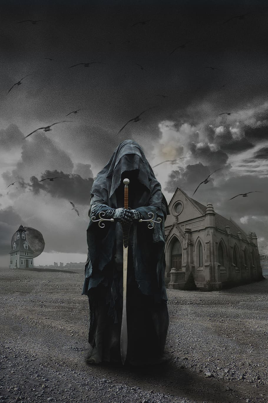 man, wearing, black, robe, holding, brown, wooden-hilt sword, building, flight, crows