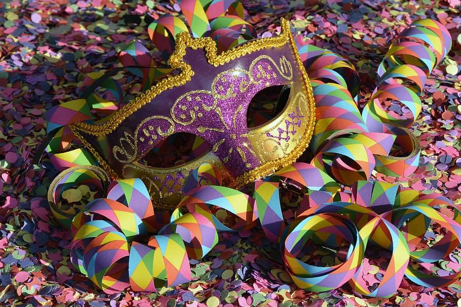 фиолетовый, золотая маска маскарад, маска, карнавал, конфетти, серпантин, красочный, венеция, таинственный, близко