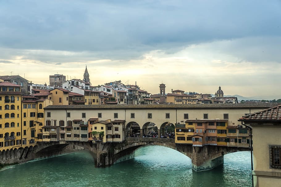 brown, wooden, bridge, body, water, Ponte Vecchio, Florence, Italy, City, florence, italy