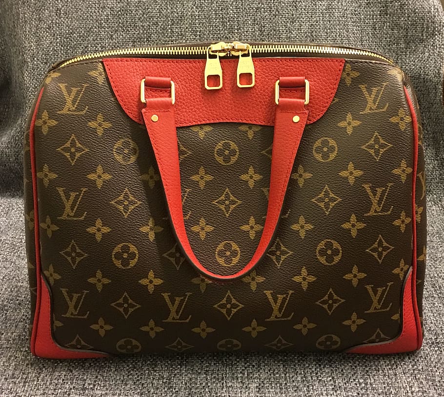 Bolsa, Vuitton, monograma, vermelho, ninguém, dentro de casa, close-up, dia, saco, mala