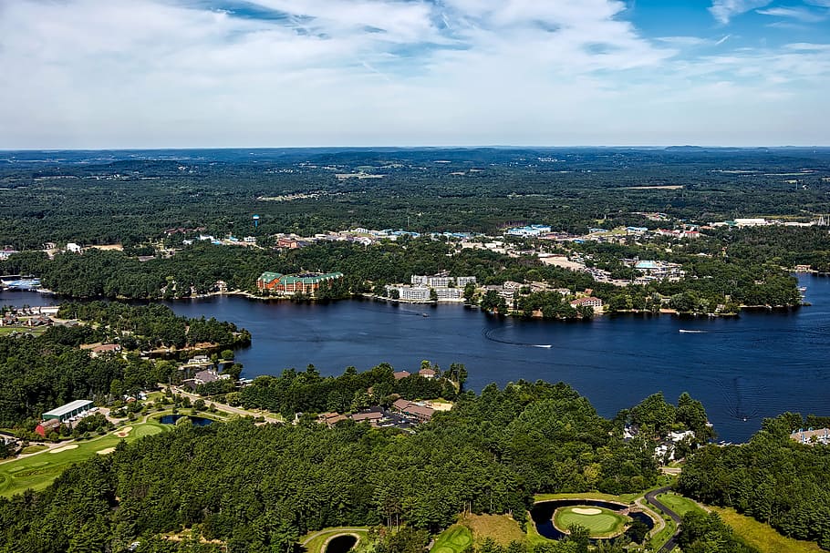 aerial, photography, green, trees, buildings, body, water, daytime, wisconsin dells, aerial view