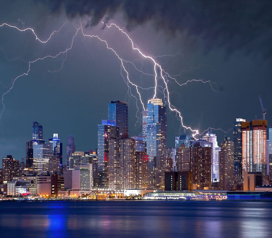 都市, 夜, 雷の嵐, ニューヨーク, 雷, 嵐, 空, 新しい, 雲, 高層ビル