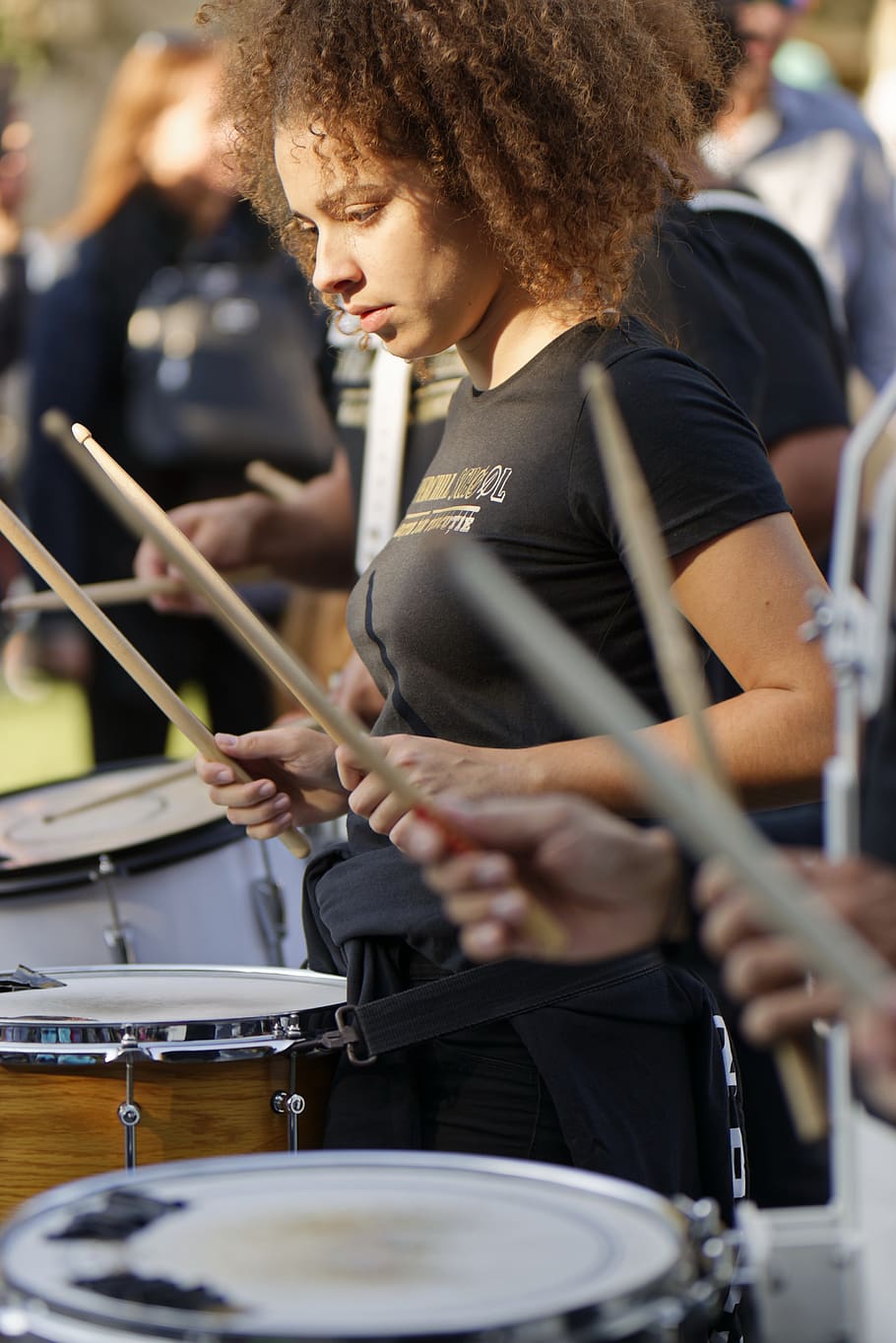 girl, young, person, hair, curly, t-shirt, group, final, the drums, percussion