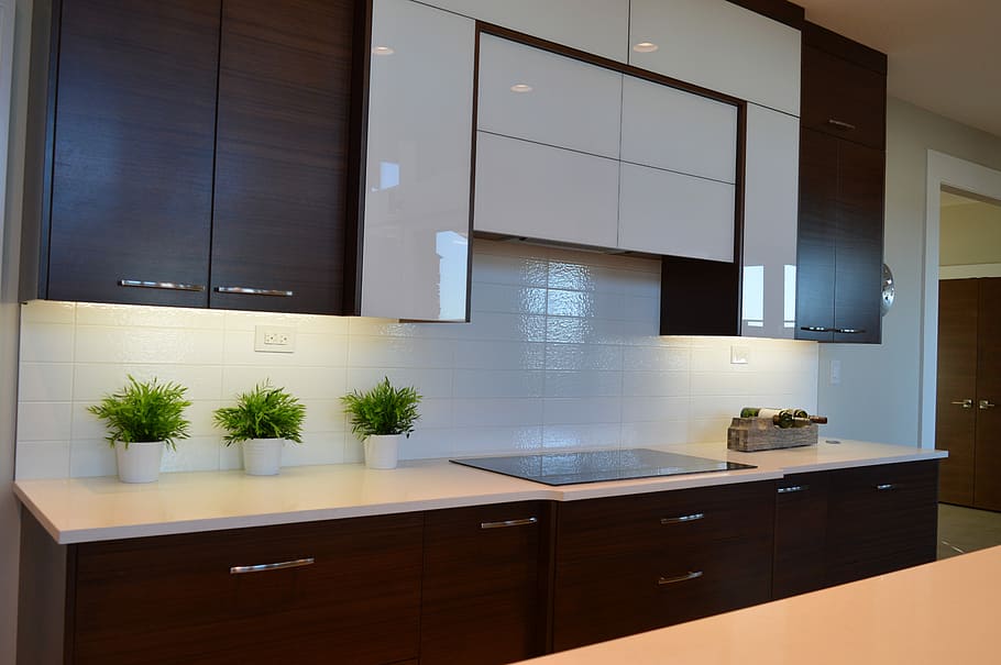 branco, marrom, de madeira, armário de cozinha, armário, cozinha, moderna, casa, interior, projeto
