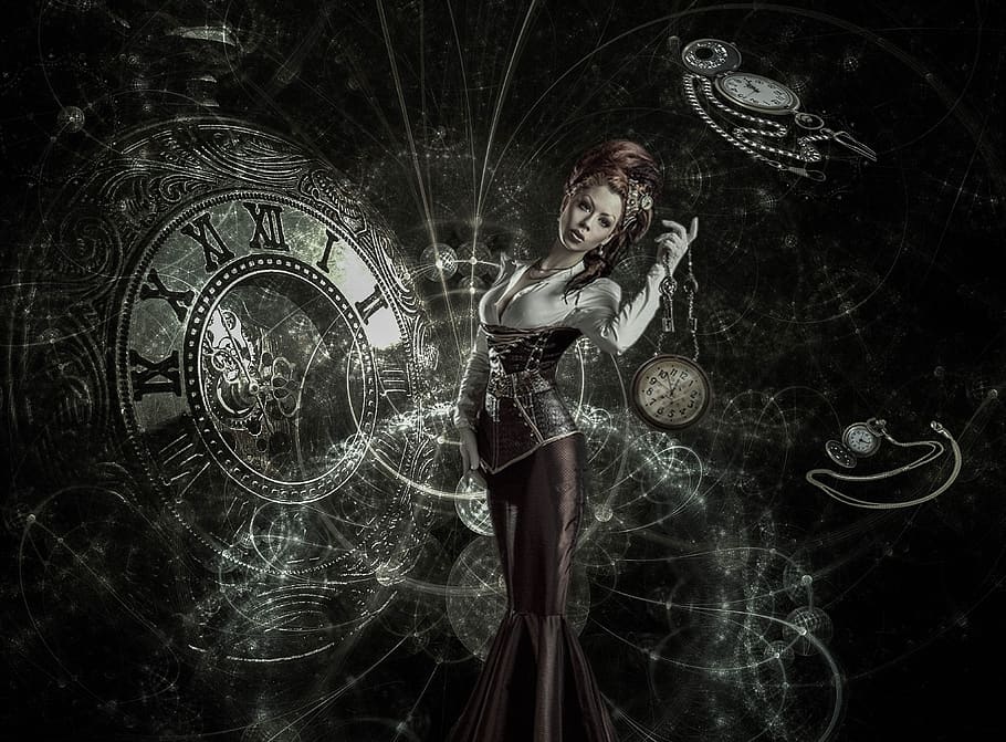 fantasi, steampunk, jam tangan, dunia, gothic, misterius, gadis, gelap, mesin, satu orang